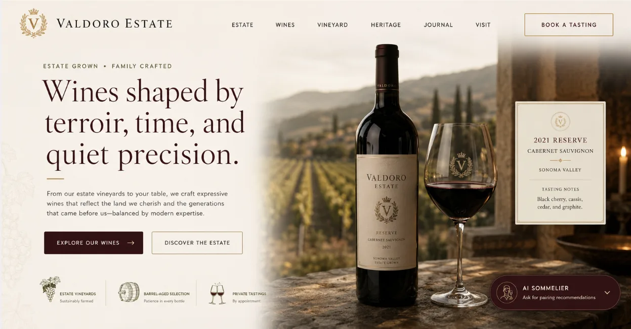 Concept design for a winery estate website with an AI sommelier assistant